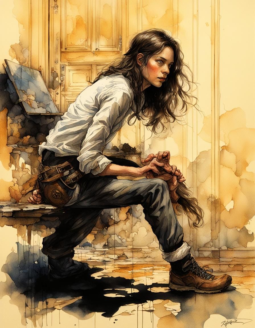Beautiful Woman in Hallway: Ink and Watercolor Portrait