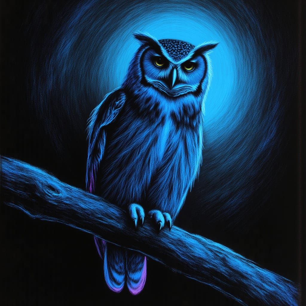 Neon Charcoal Owl Under Luminous Moonlit Sky
