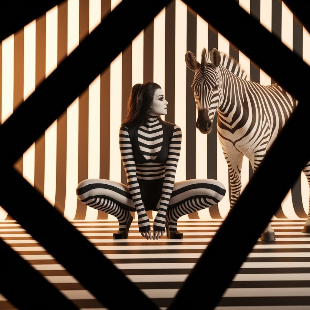 Surreal Black and White Striped Scene with Zebra Unicorn