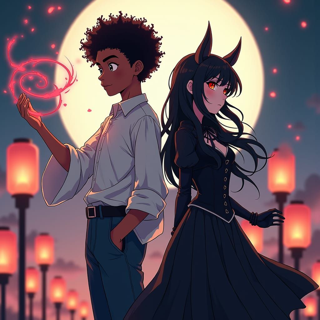 Anime-Style Magic Battle Under Moonlight