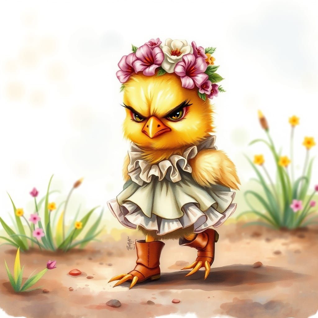 grumpy chick in a frilly dress
