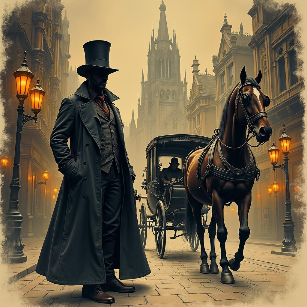 Victorian Man and Steampunk Carriage in Ink Painting Style