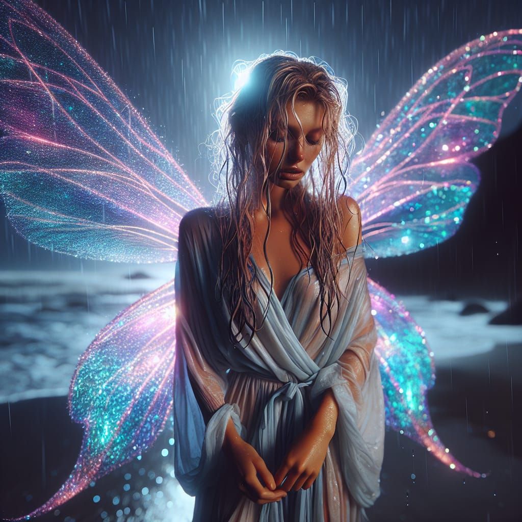 Lonely Fairy on Rainy Beach at Night in 8k