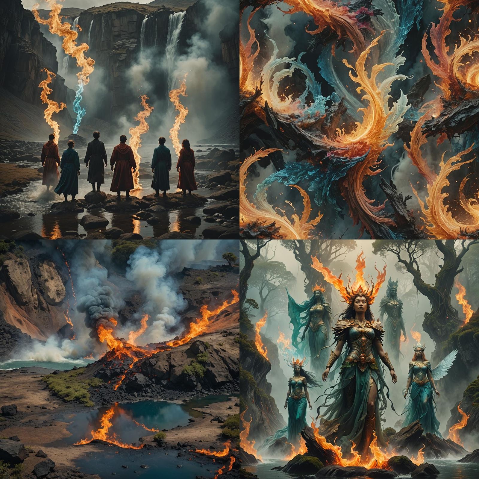 Air, Fire, Earth, and Water in Cinematic Style