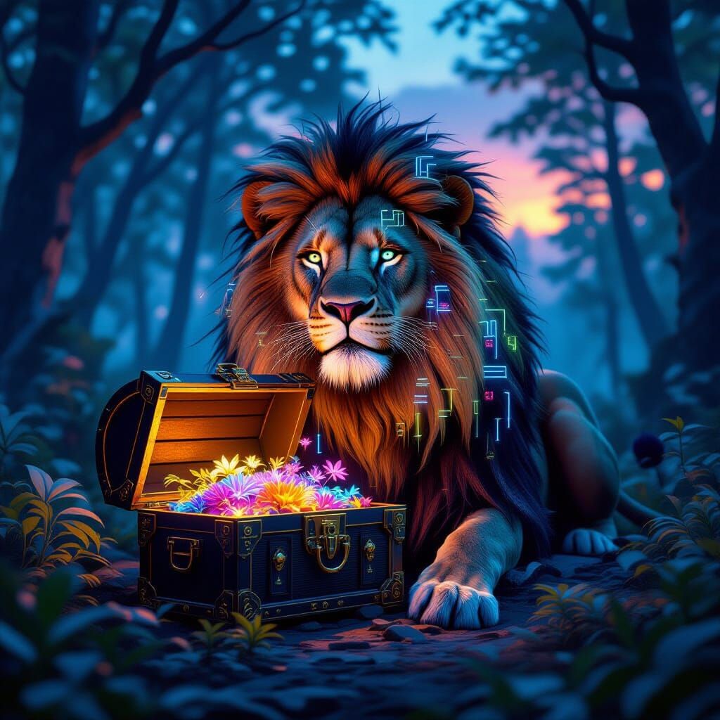 Cyberpunk Lion Guarding Bioluminescent Treasure