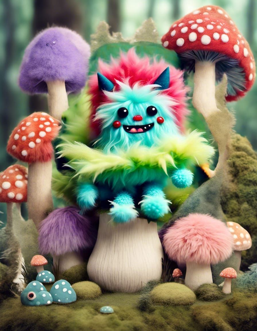 Kawaii Furry Monster on Mushroom Fabric Collage