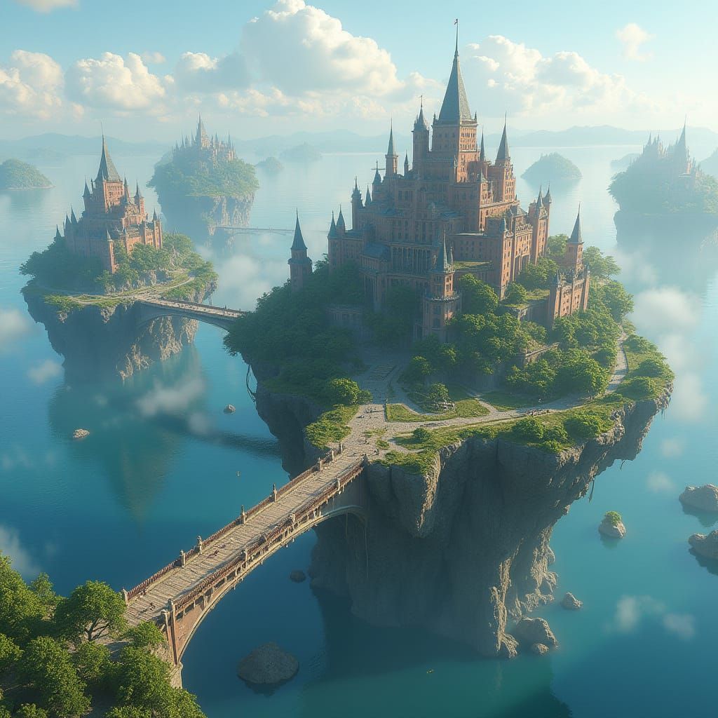 Bustling City on Floating Islands Connected by Bridges