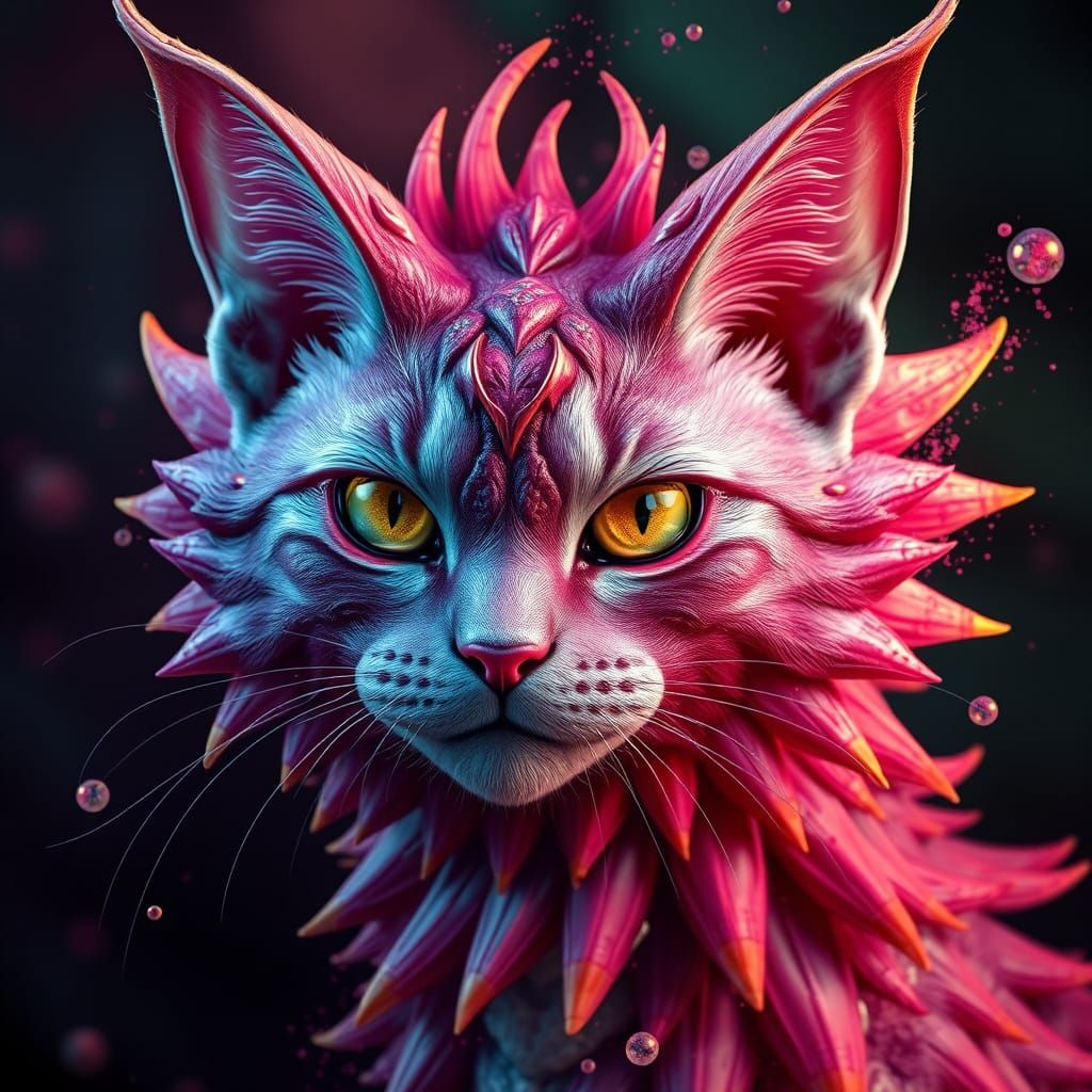 Vibrant Dragonfruit Feline in Dreamlike Landscape