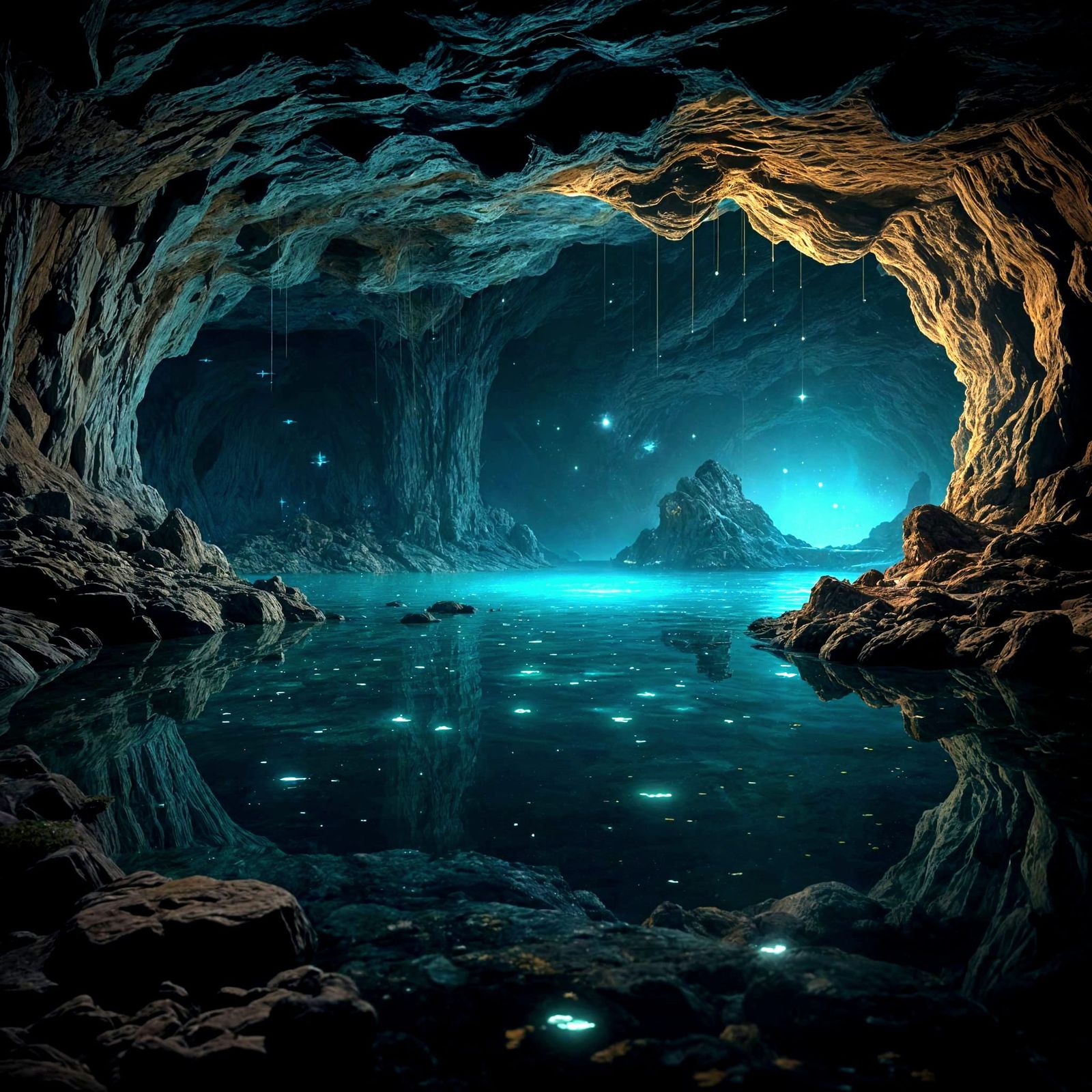 Luminescent Lake in Magical Cave, Detailed Matte Painting