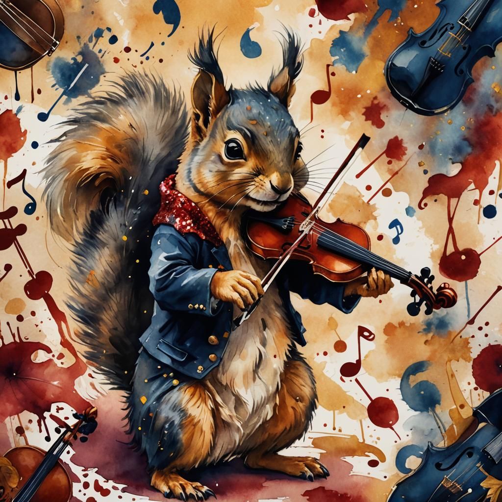 Squirrel Violinist in Bloody Aquarell Style