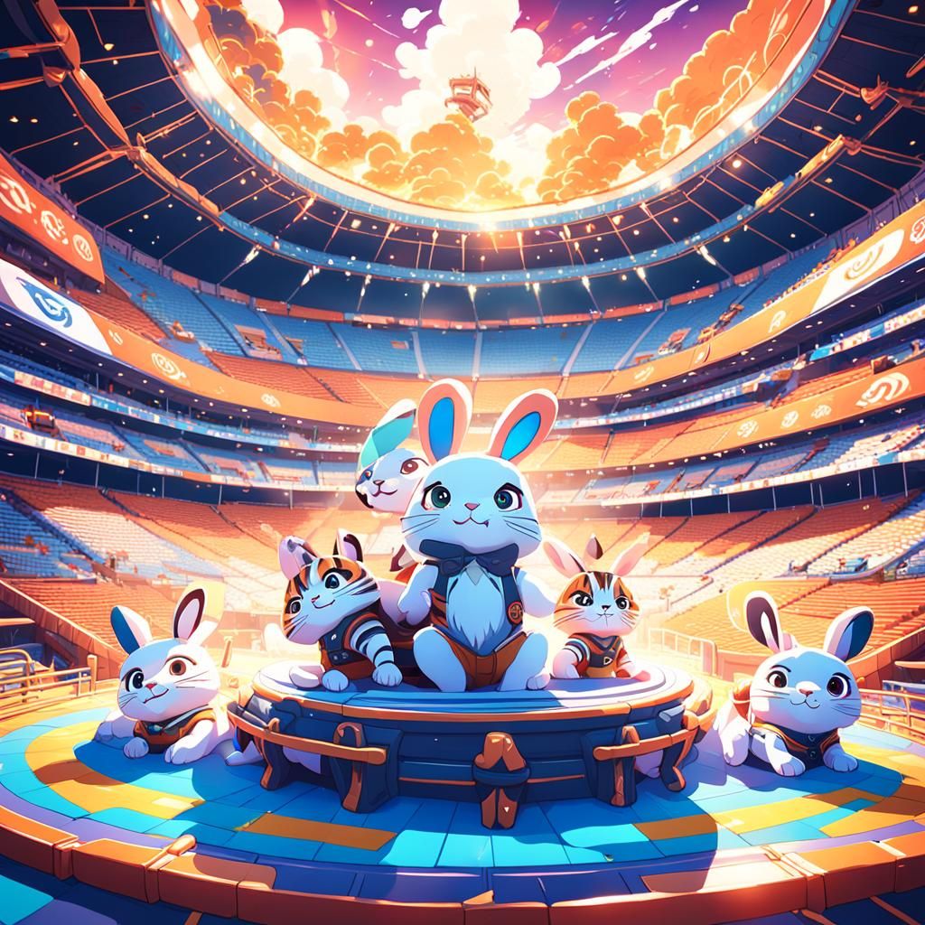Rabbits and Tigers in Anime Style Stadium