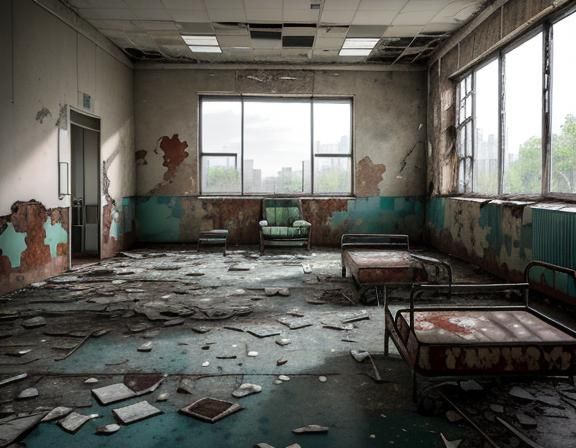 Derelict Hospital Interior with Rusted Beds