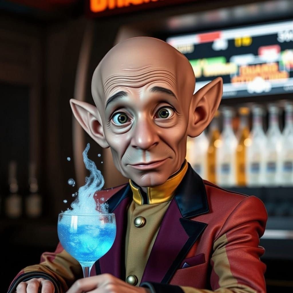 Quark (Armin Shimerman), a light brown-skinned Ferengi with oversized perfectly rounded ears, and a big rounded forehead...