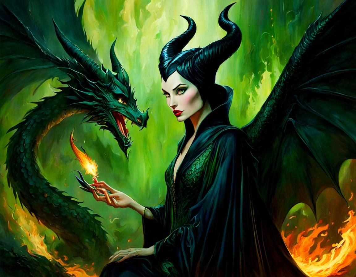 Maleficent and Dragon in Green Flames, Surreal Digital Art