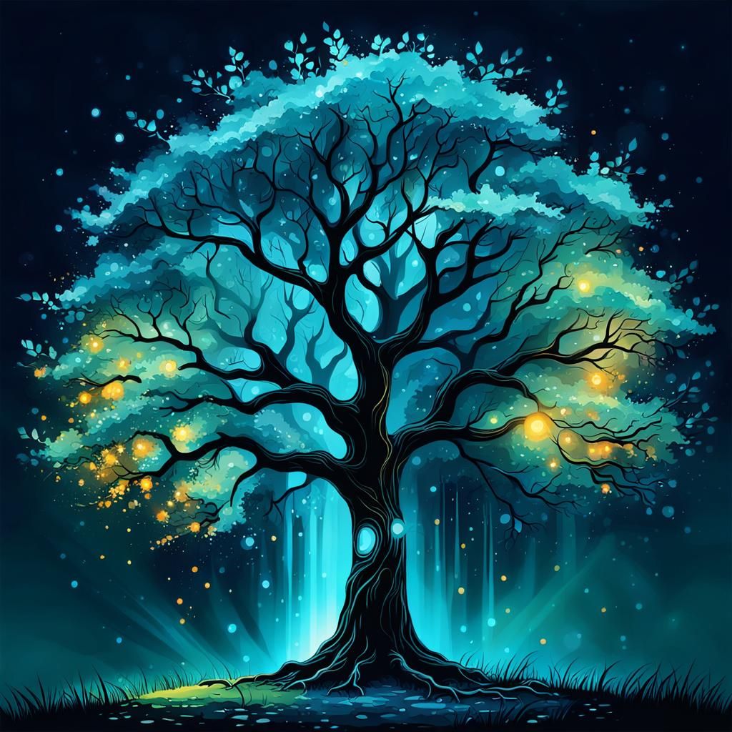 Magical Glowing Tree: Abstract Art in Complementary Colors