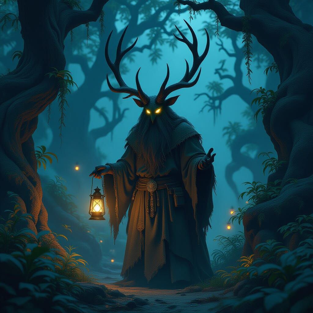 Antlered Giant Lights Forest: Dark Fantasy Art Nouveau