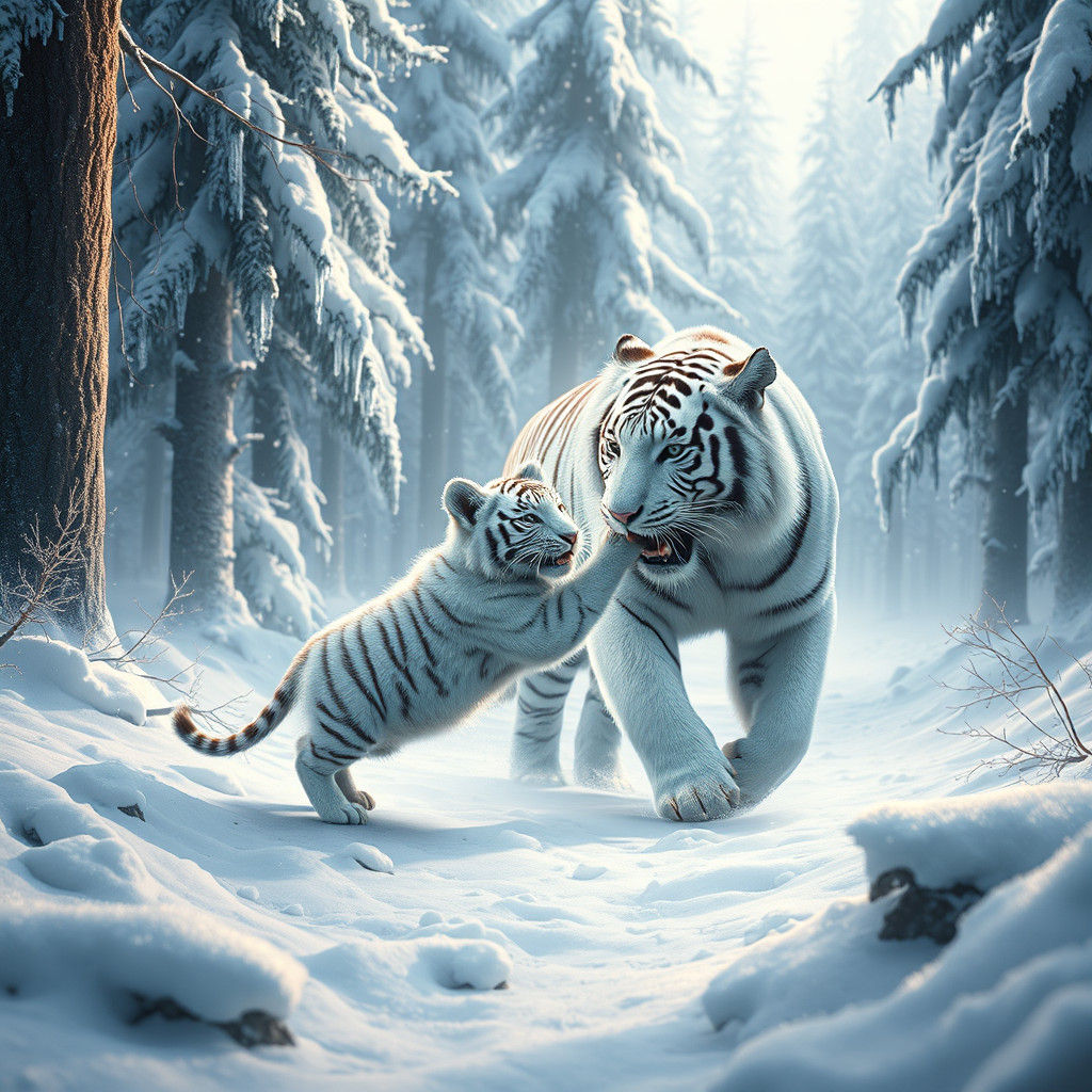 White Tiger Cub and Mother Play in Snow