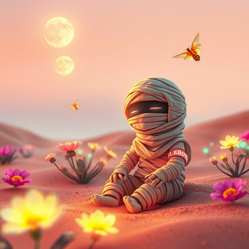 Cute Mummy in Neon Desert with Two Moons