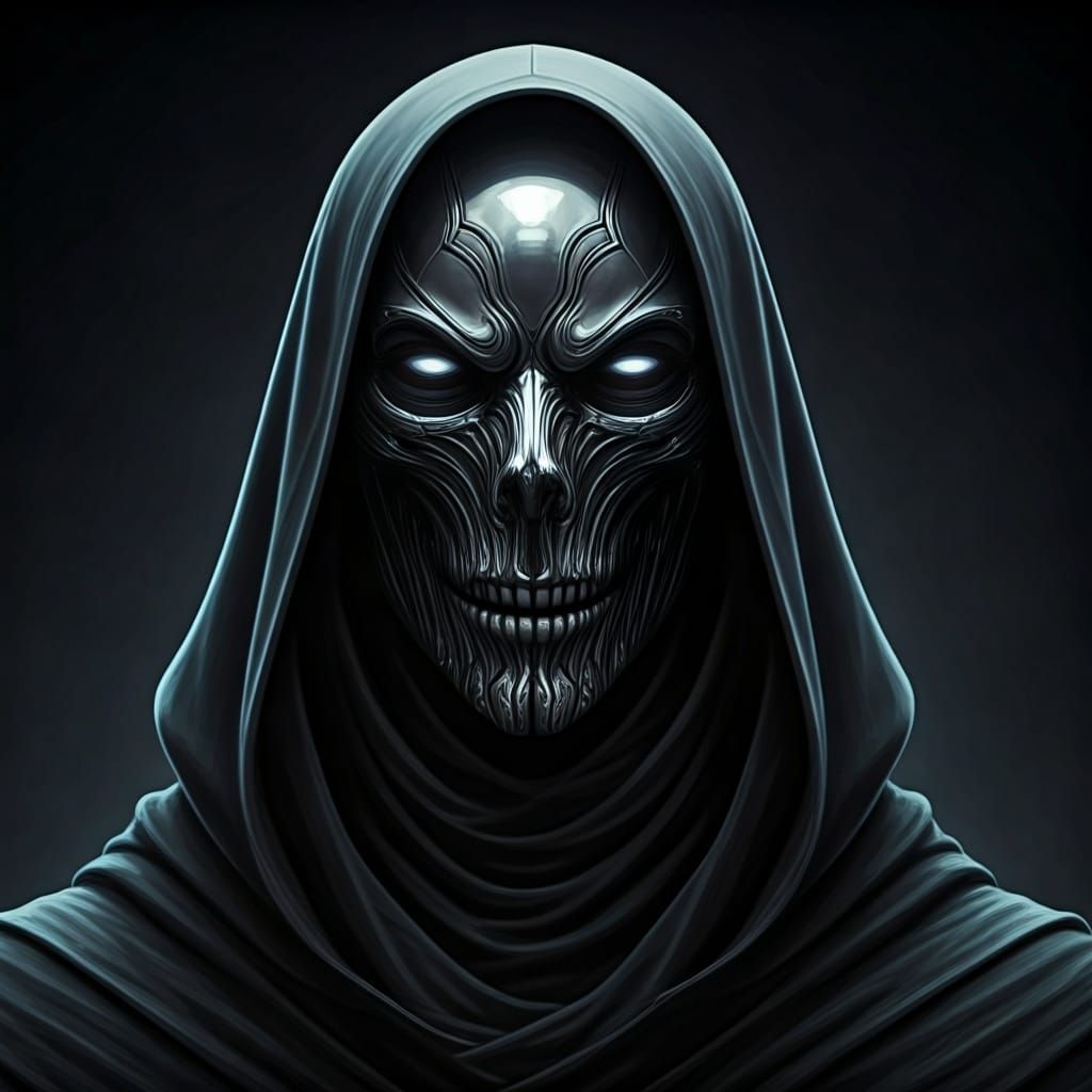 Eerie Masked Figure in Dark Futuristic Style
