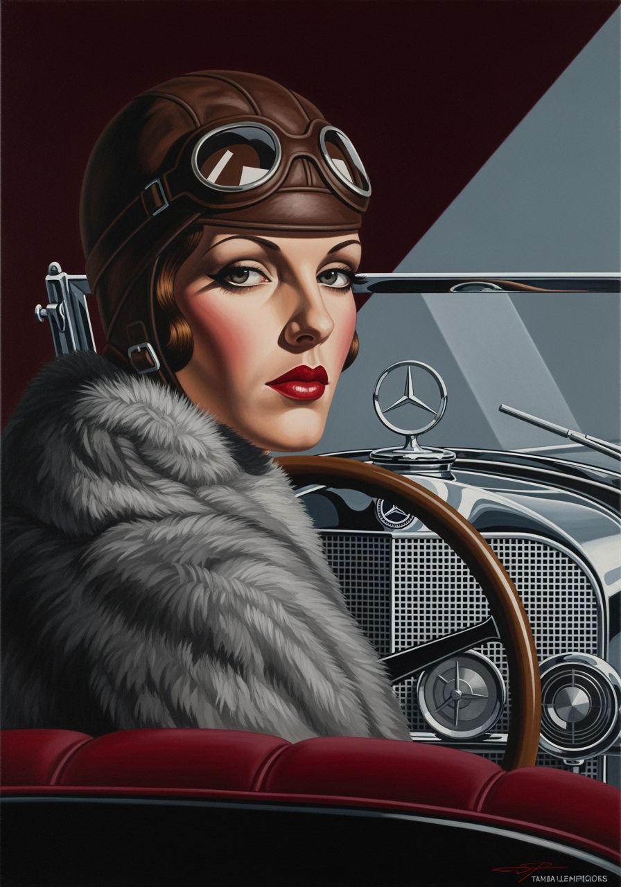 Art Deco Woman Driving Vintage Mercedes SSK