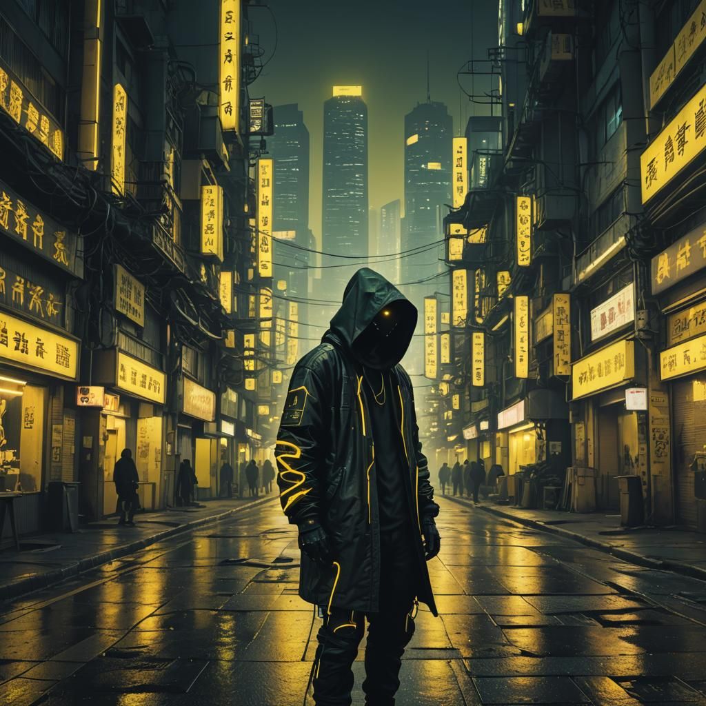 Cyberpunk Cityscape with Neon Lights and Hooded Figure