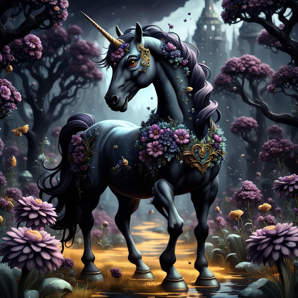 Dark Cartoon Unicorn with Black Flowers