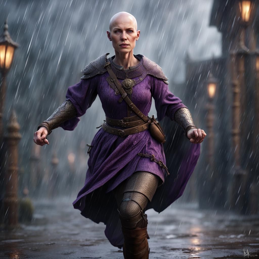 Medieval Woman Soldier Running in Rain
