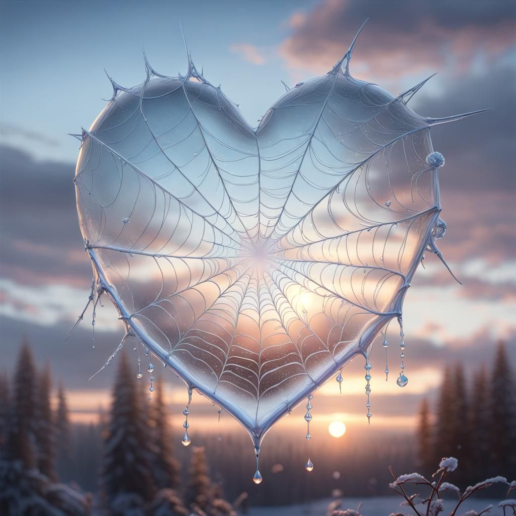 Glass Heart Spiderweb with Crystalline Dew Drops