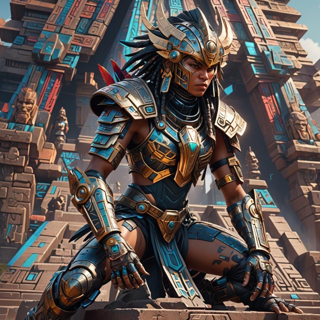Cyberpunk Aztec Warrior on Futuristic Pyramid