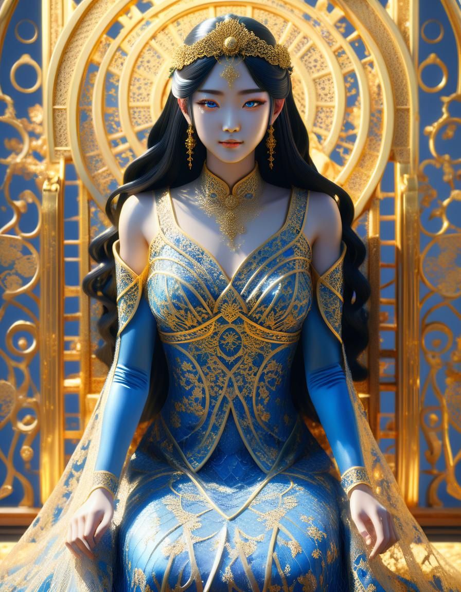 Baroque Anime Goddess in Golden Lace Dress