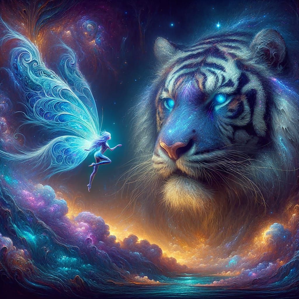 Enchanting Fairy and Tiger in Mystical Scene