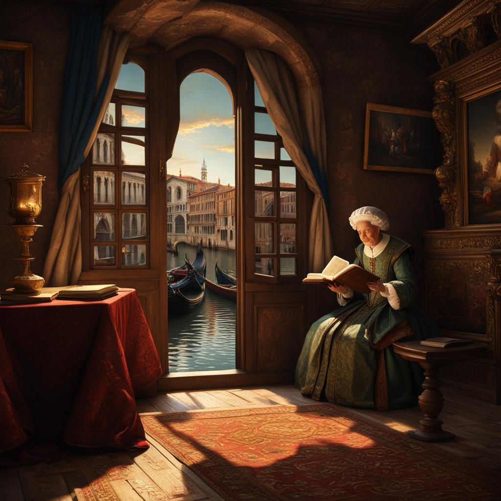 Create a 17th century picture of a room with window overlook...