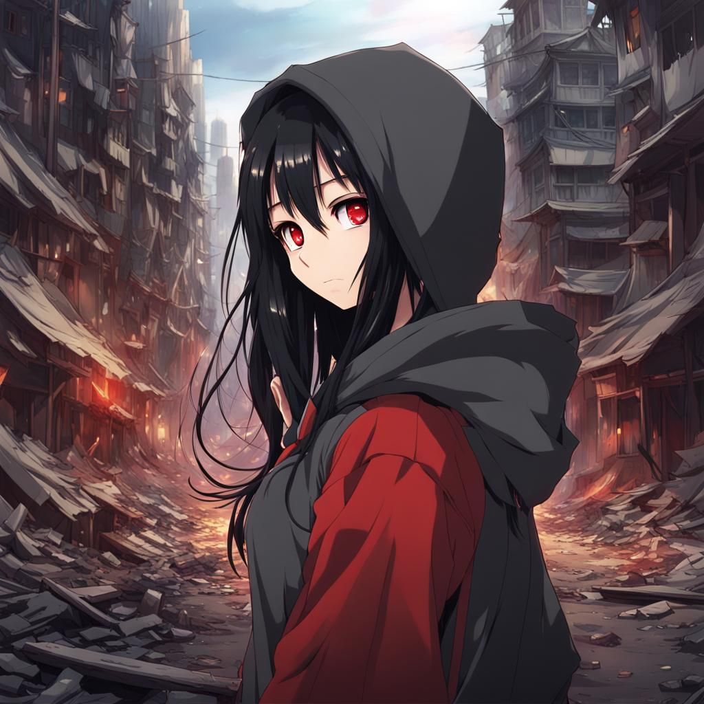 Anime Girl in Ruined City, Manga Style
