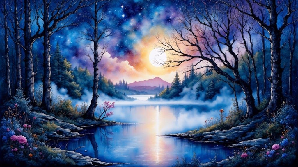 Serene Lake Night Scene in Whimsical Watercolor Style