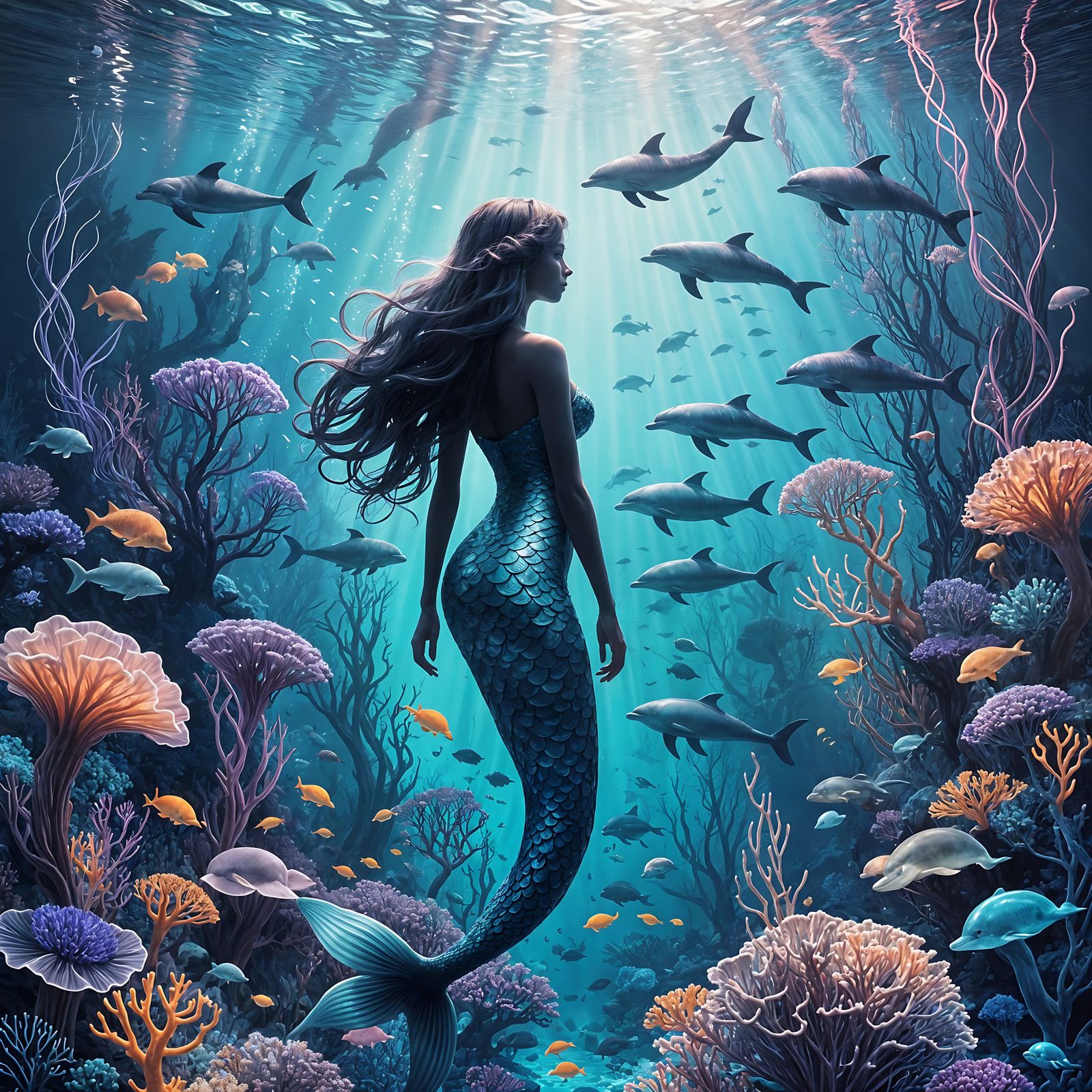 Enchanted Mermaid Reflections in Luminous Underwater Realm