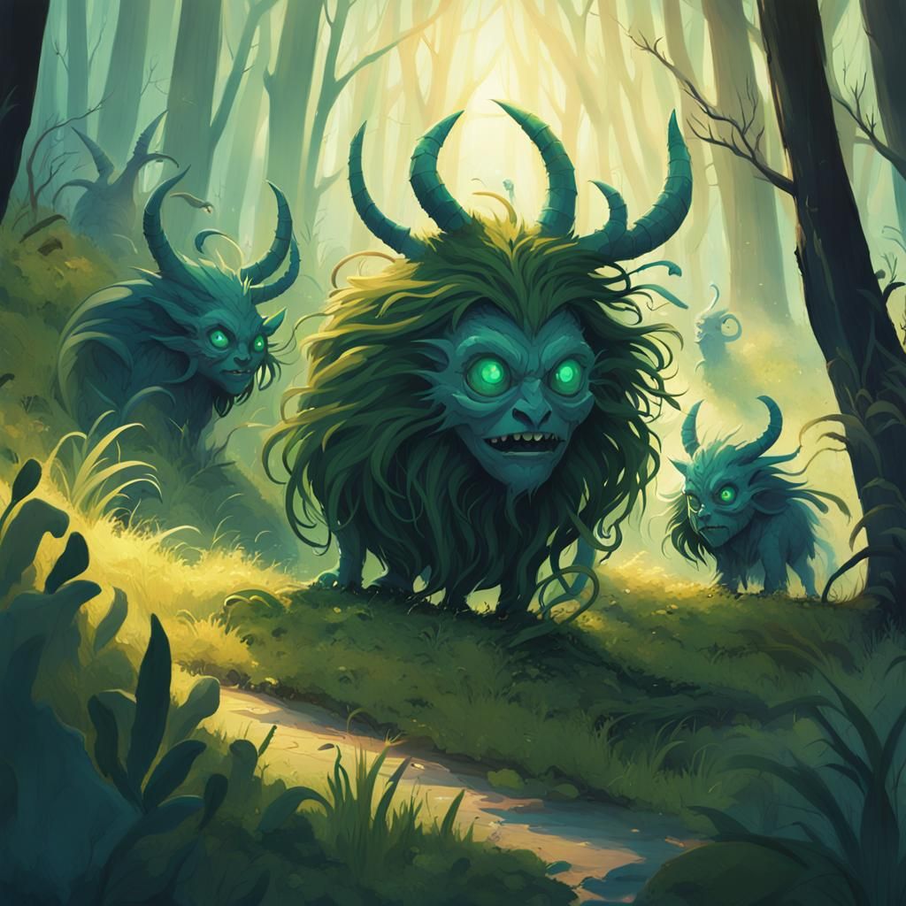 Little Monsters Collect Witch Grass: Fantasy Art
