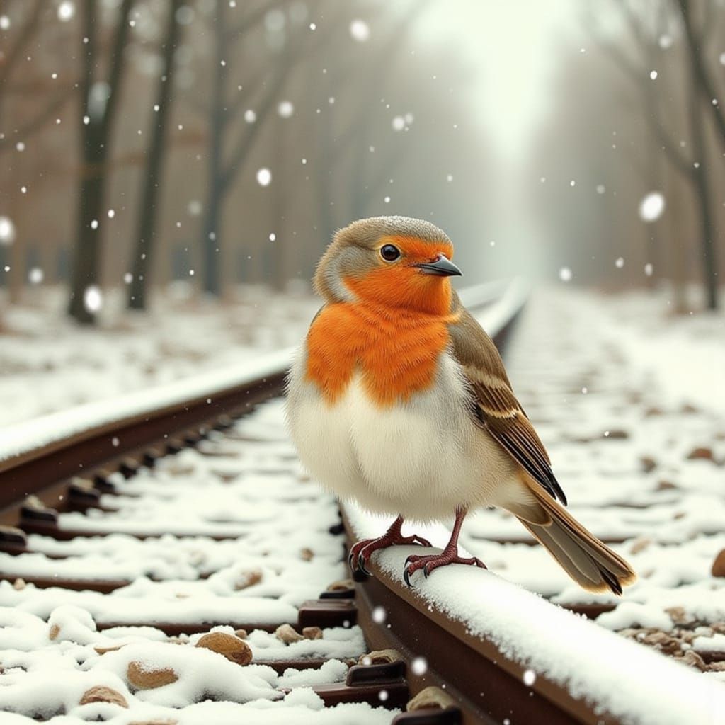 Fluffy Robin on Snowy Train Track in Winter Forest