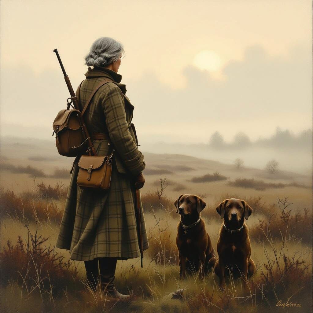 1920s Huntress with Dogs on Misty Moor