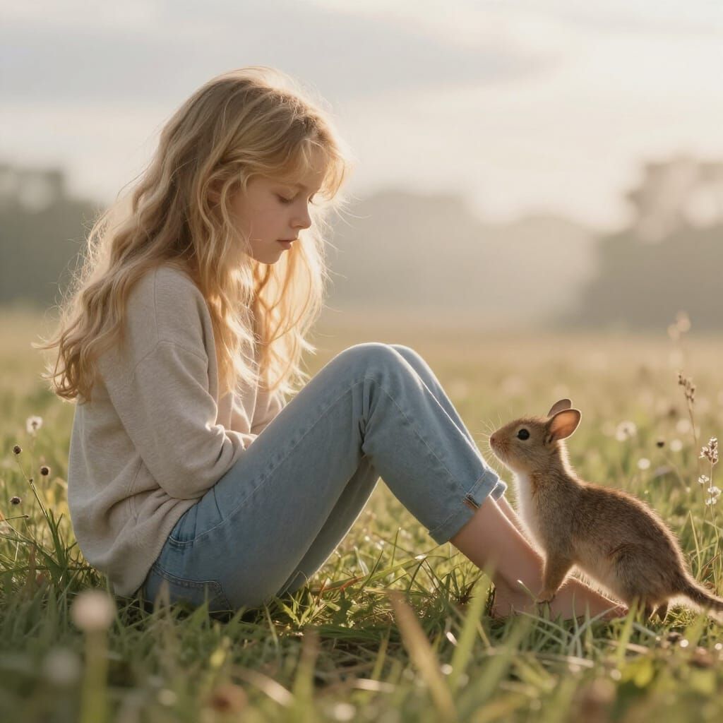 Peaceful Morning with Blond Girl and Animals