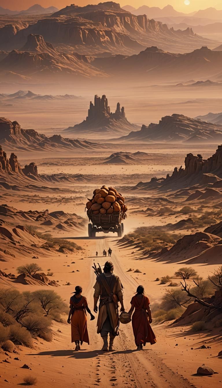 "A man and a woman, visibly exhausted and carrying heavy loa...