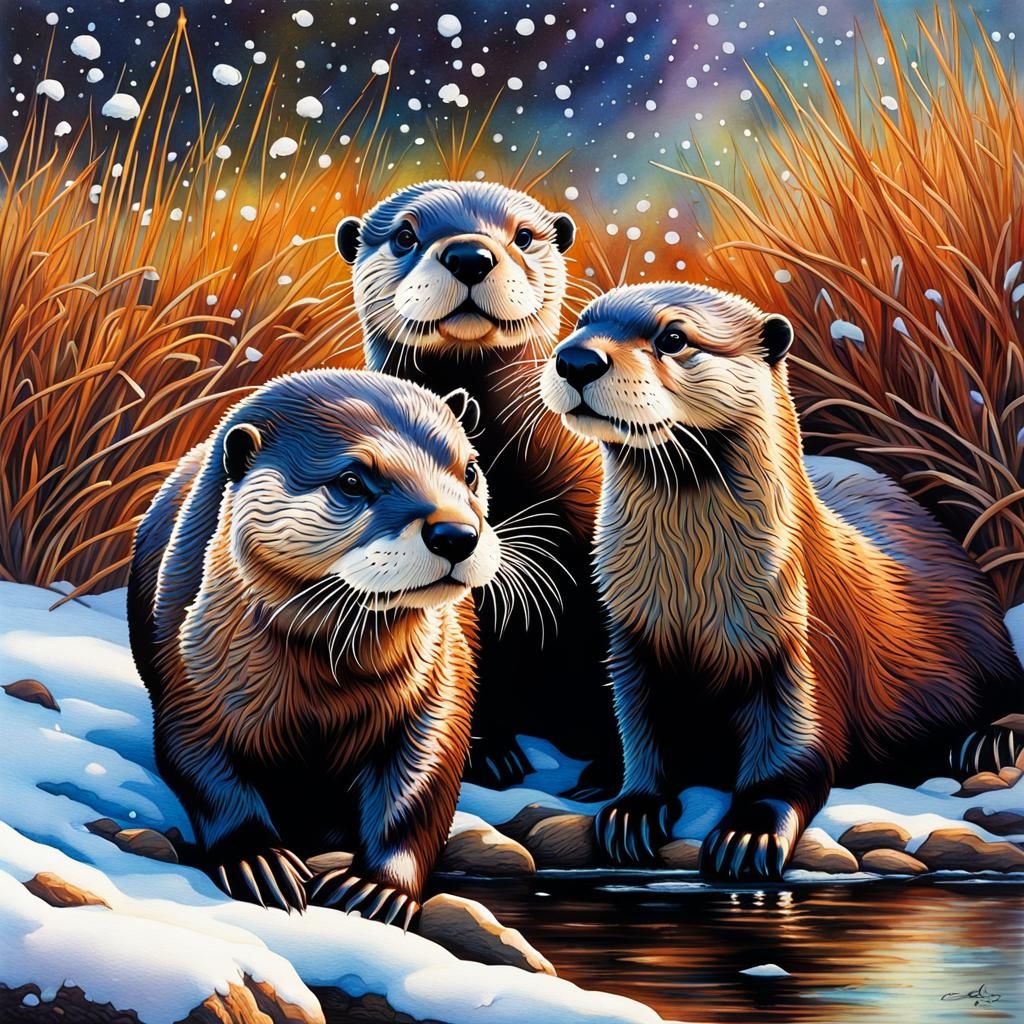 River Otters Play in Winter: Watercolor Illustration