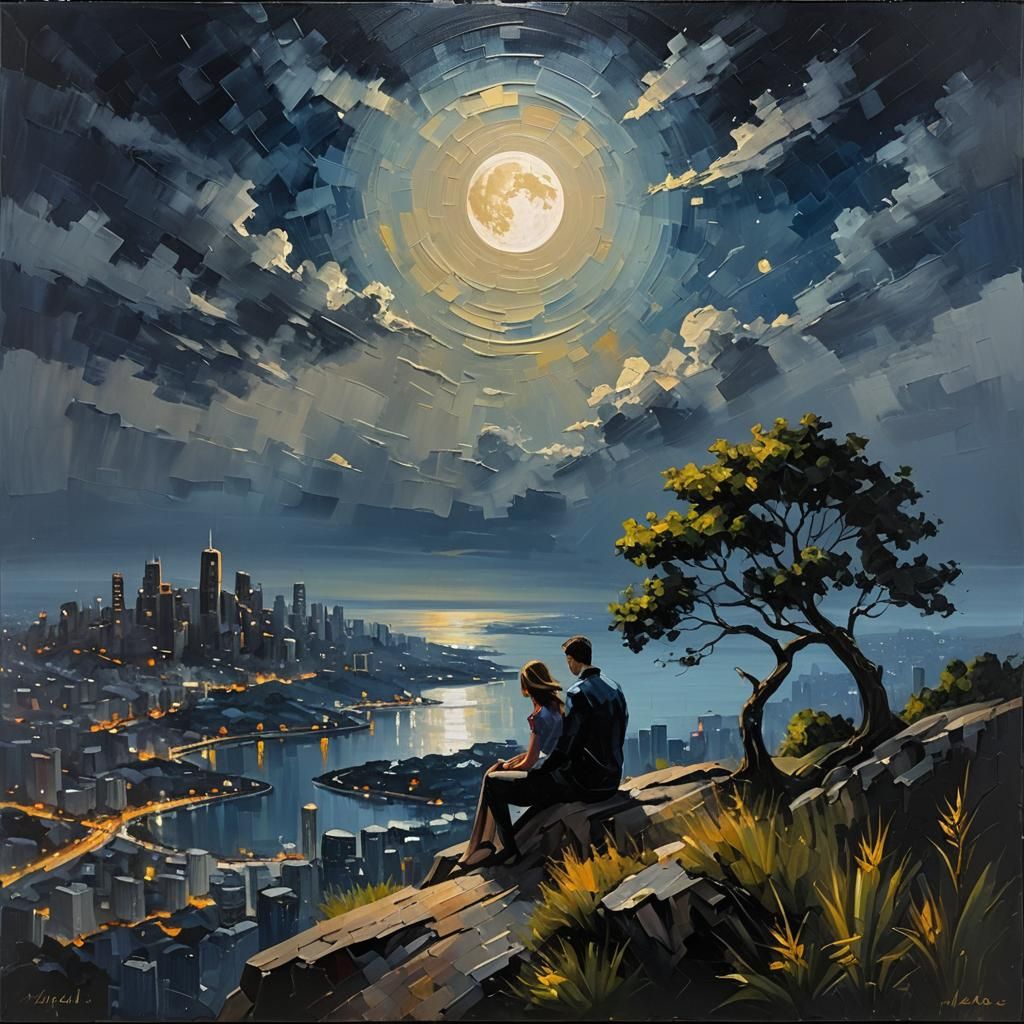 Lovers on Cliff: Minimalist Impasto Oil Painting