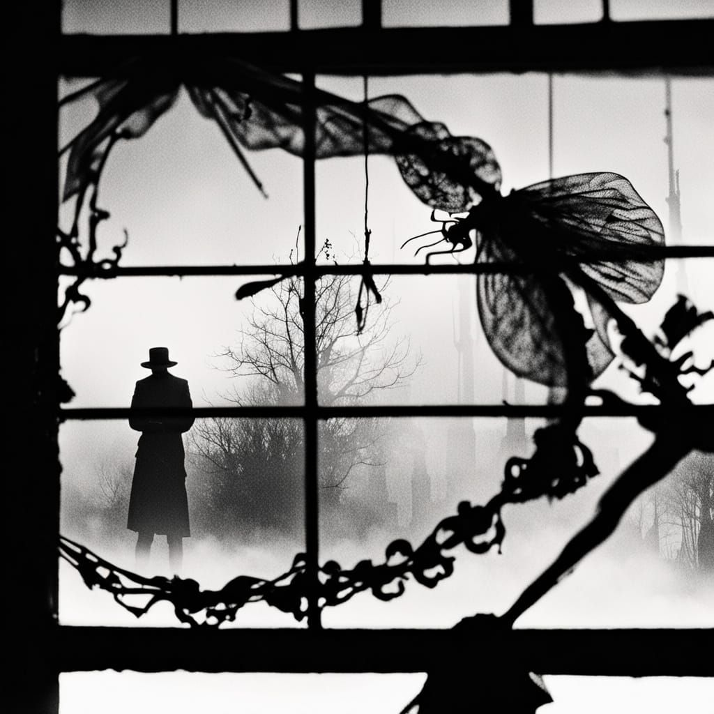 Ethereal Figure Enshrouded by a Swarm of Insects in a Gothic...