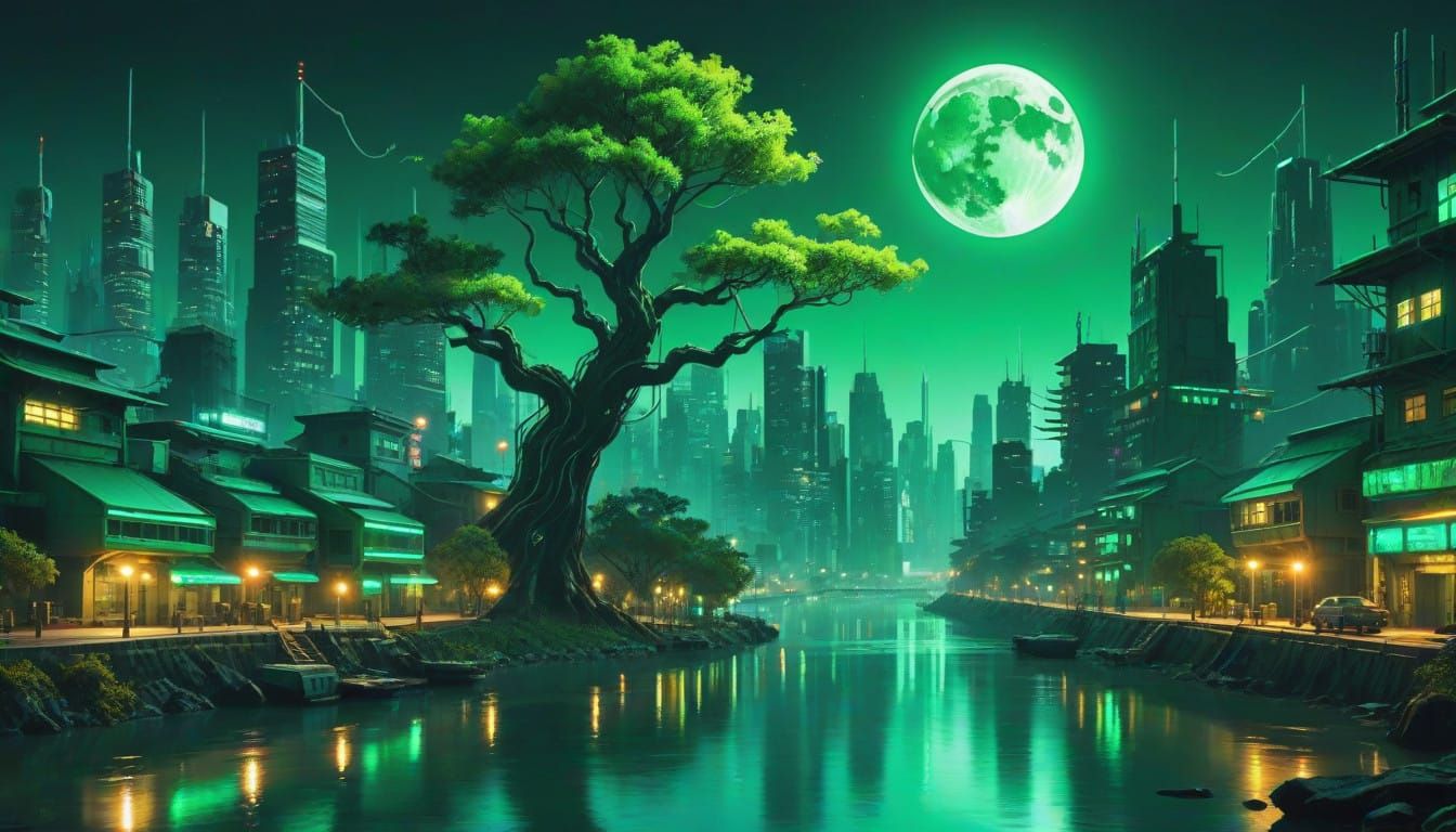 Cyberpunk style in green shadow colors show cityscape at night, moon tree river