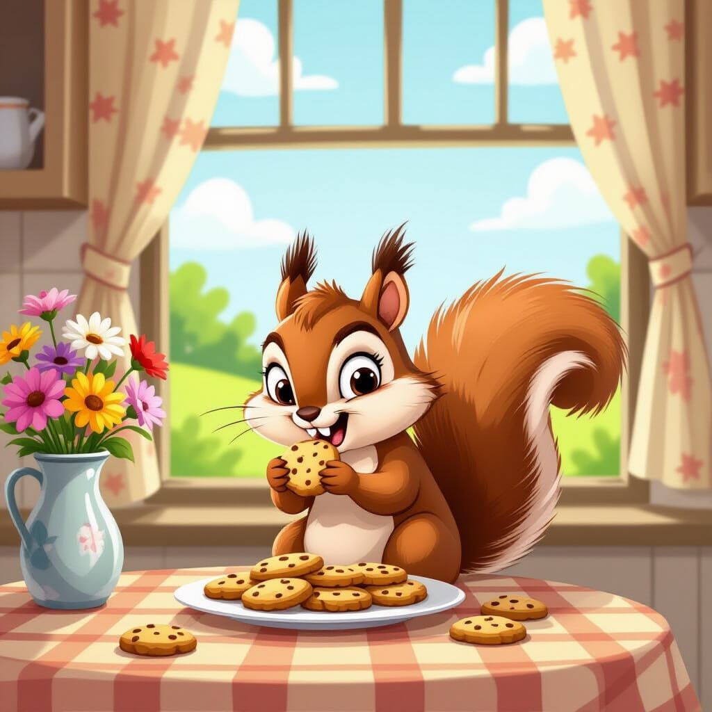 Mischievous Squirrel Steals Cookies: Storybook Illustration