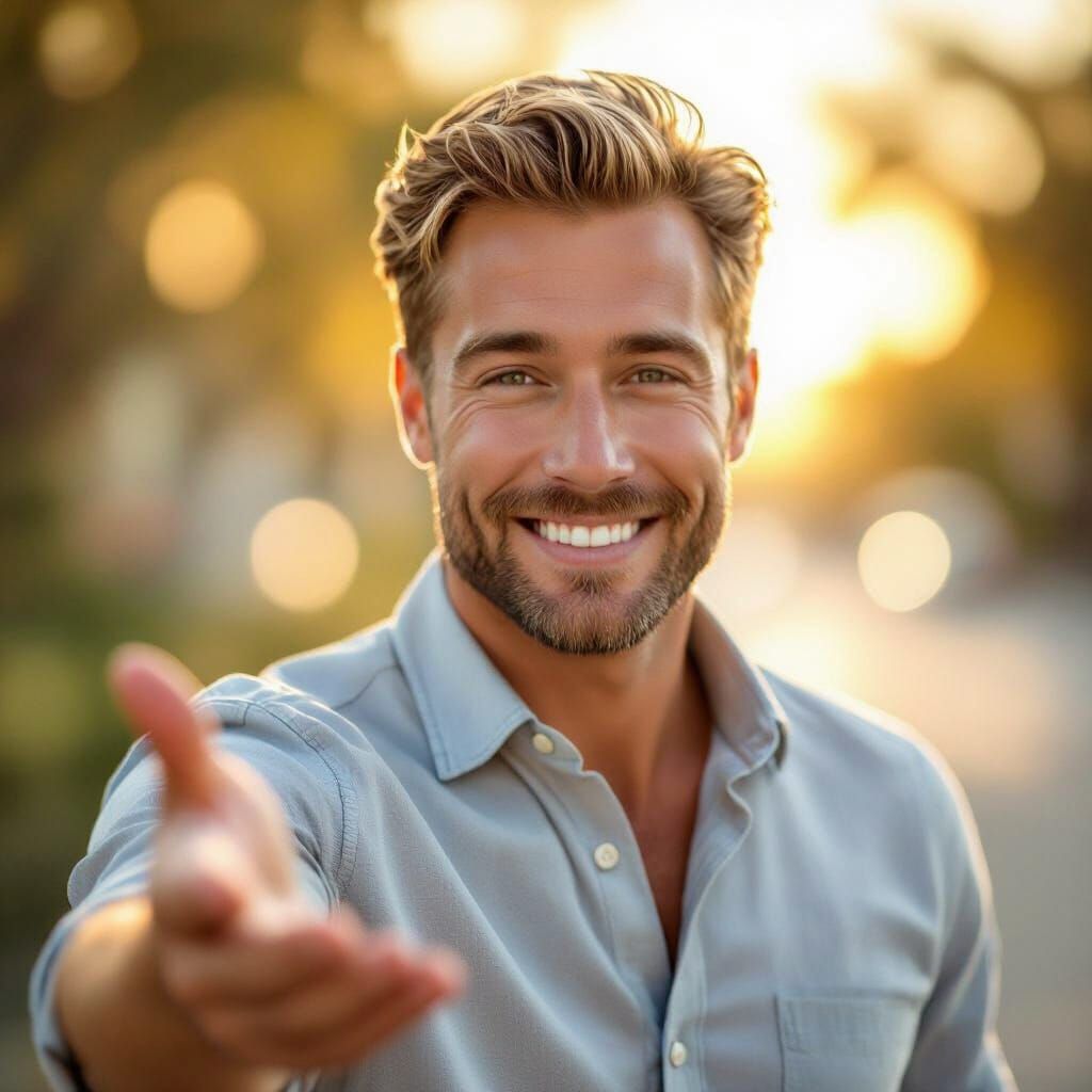 Smiling Man With Blonde Hair Invites You Closer