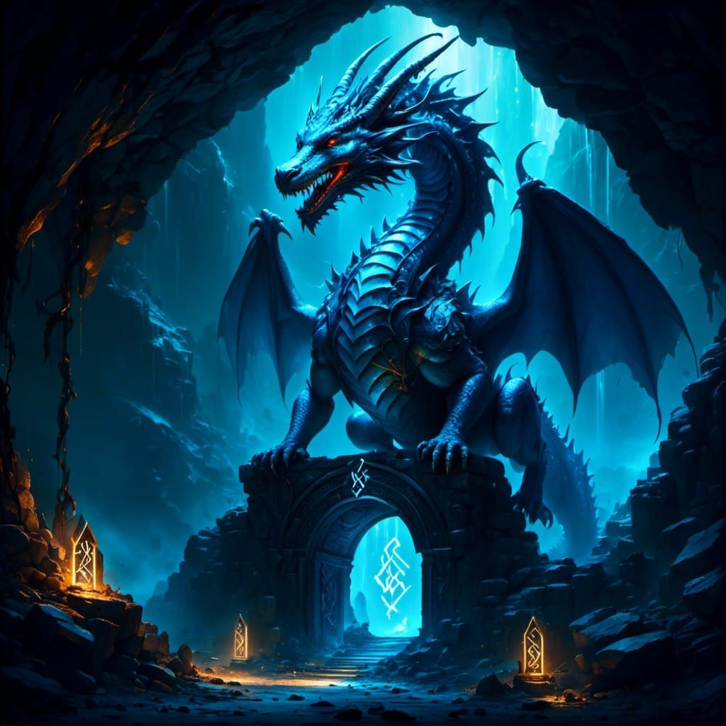 Dragon on Runestone Archway with Glowing Runes