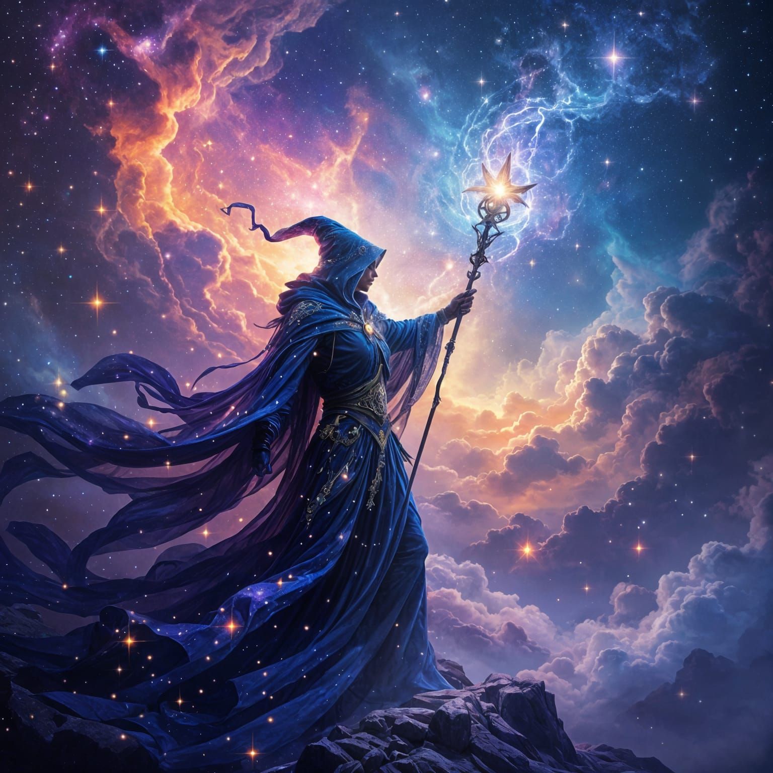 Cosmic Magician Conjuring Starlight in Nebula