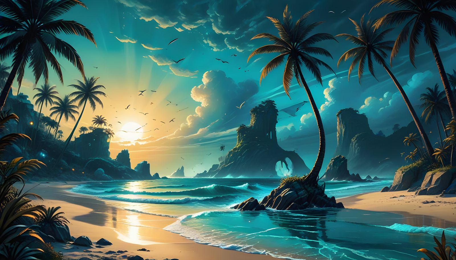 Magical Teal and Gold Beach in Anime Style