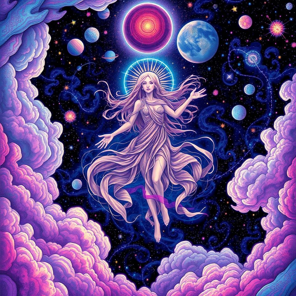 Mystical Being Floating in Iridescent Astral Vortex